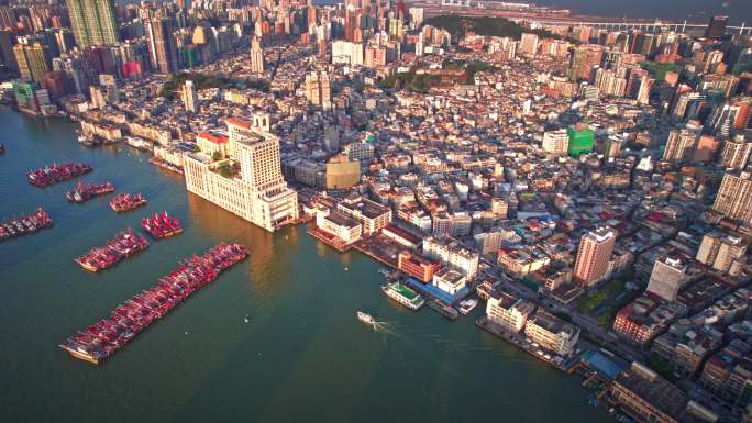 大湾区澳门葡萄牙风格城市夕阳航拍4k