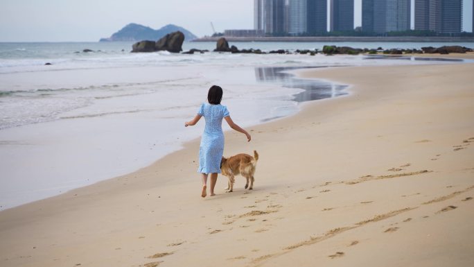 女孩和狗狗在海边沙滩上游玩