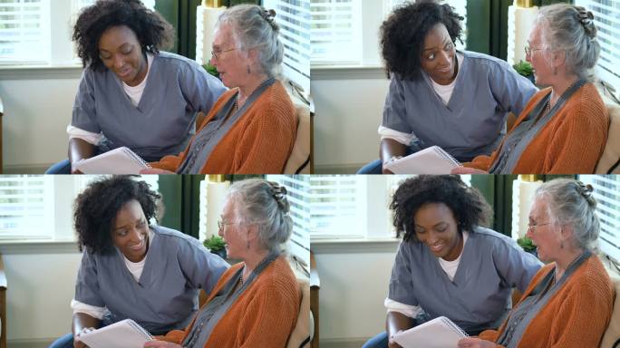老年妇女，家庭护理员在沙发上看笔记本