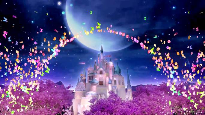 梦幻的城堡建筑 蝴蝶花瓣飘舞