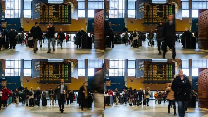 4K延时俯视图：纽约市曼哈顿中城高峰时段，未定义的乘客和游客在地铁交通枢纽的步行道上行走。美国，商业