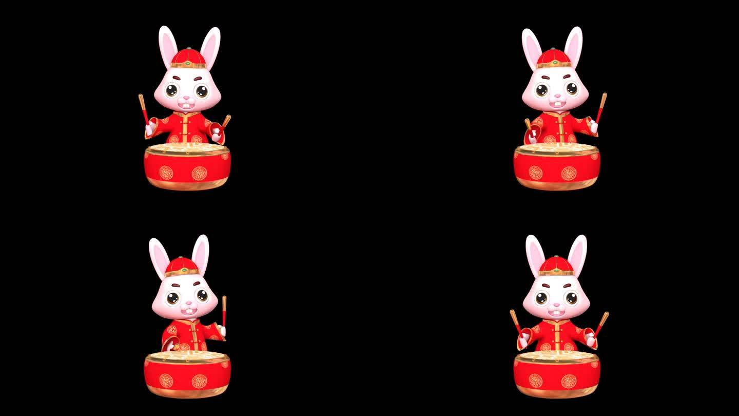 4K高清3D卡通兔无缝循环打鼓带透明通道