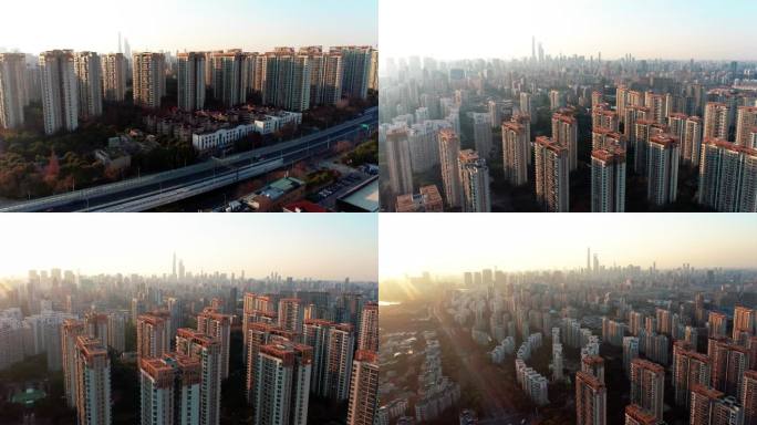4K航拍夕阳下大都市上海城市高楼耸立