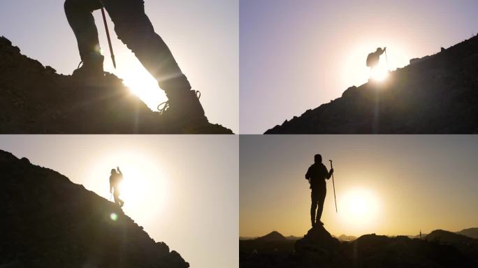 登山行者登山脚步特写背包客勇攀高峰不放弃