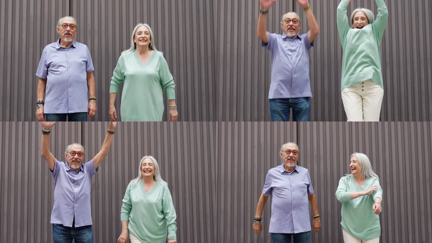 微笑的老年夫妇跳跃的视频肖像