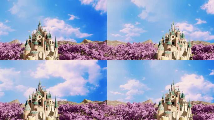 梦幻的城堡建筑推镜 樱花树 桃树场景