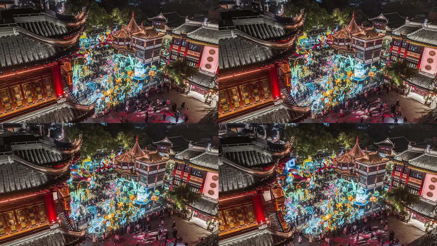 4k航拍上海城隍庙豫园夜景年味灯会春节