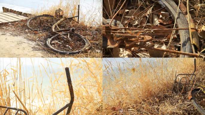 草丛中废弃的自行车和自行车锈迹斑斑实拍