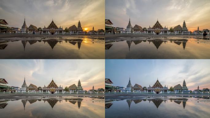 位于泰国曼谷湄南河通布里河岸的美丽的Kanlayanami寺日落时的4K延时视频。