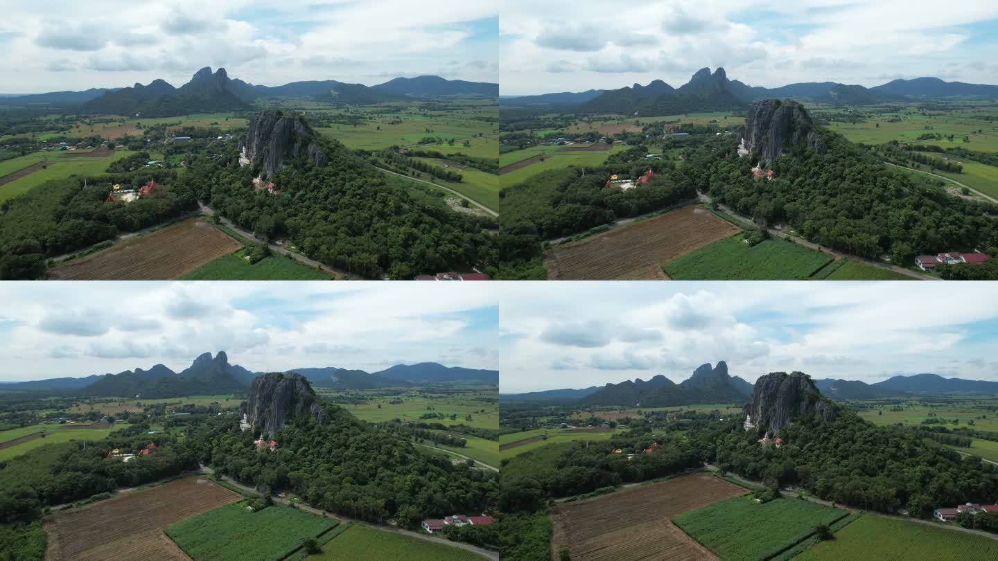 泰国罗布里省佛寺和奇形怪状山鸟瞰图