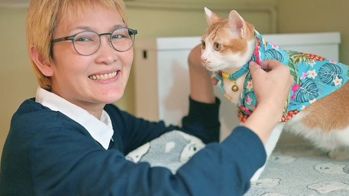 一位女士给她的猫穿上彩色衬衫