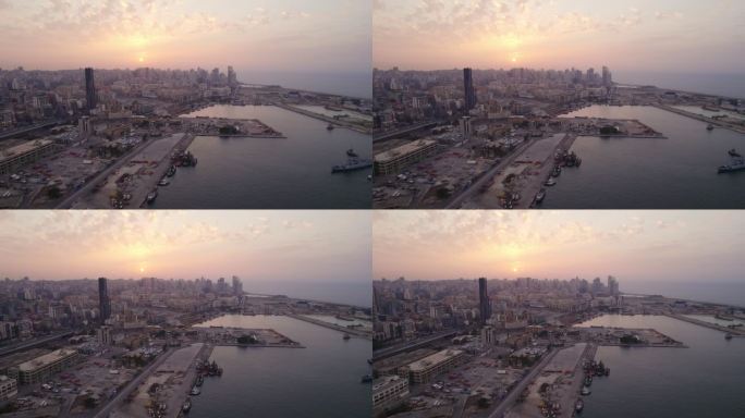 日落时分，贝鲁特一港口的空中无人机拍摄