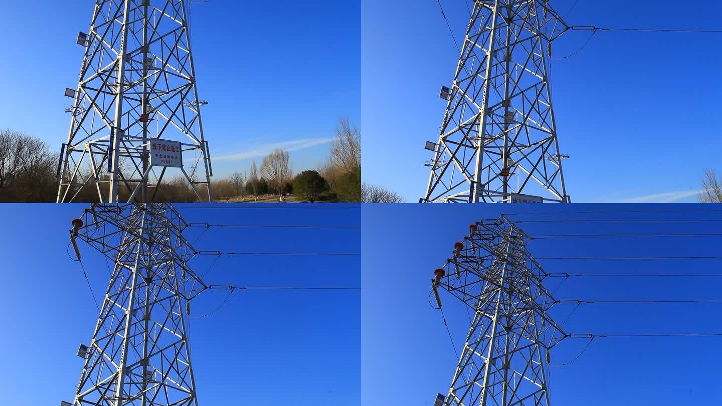 冬季一处电力高塔输电设施摇镜头拍摄