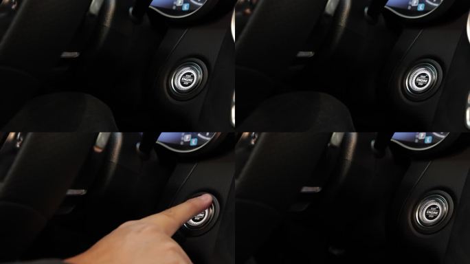 一个无法辨认的人通过启动按钮启动汽车发动机的特写镜头