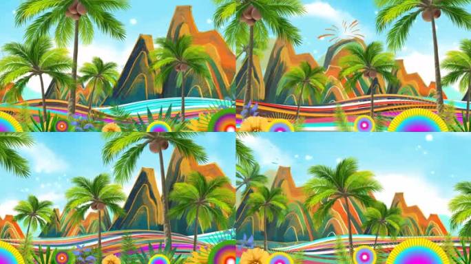 椰子树  海边 草丛 花丛 夏日  蓝天