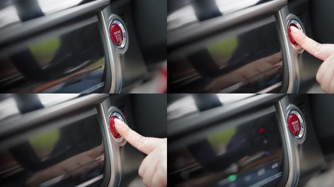 特写：女性手指按下发动机启动汽车按钮