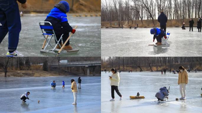 冬季结冰河面滑冰木爬犁大人小孩欢乐活动