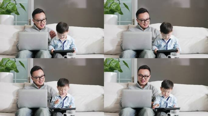 一名亚洲中年男子与儿子在家工作