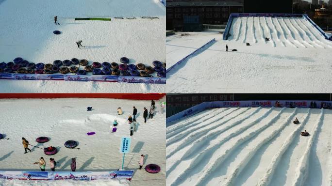 航拍火车头体育场滑雪场雪场滑雪