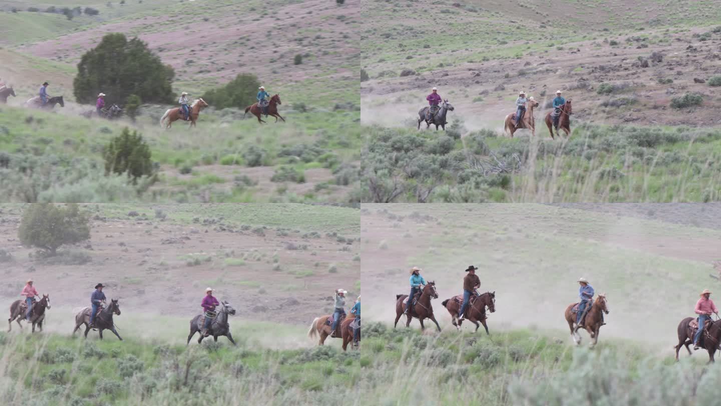 年轻的牧场主骑马跑下山，后面跟着一位资深牧场主和他的狗