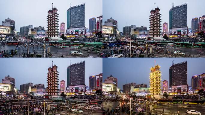 从日落到夜晚，中国郑州的二七纪念塔和交通