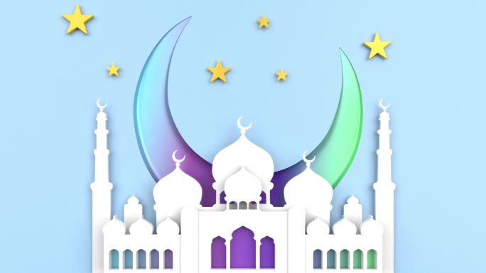 Ramadan Kareem贺卡，以4K分辨率在蓝色背景上使用剪纸清真寺新月和星星