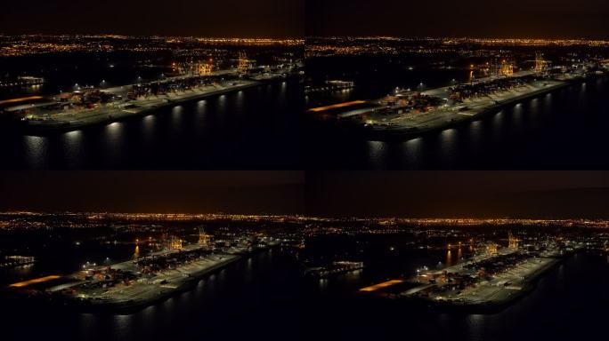空运码头夜景超广角码头镜头城市上空俯瞰码