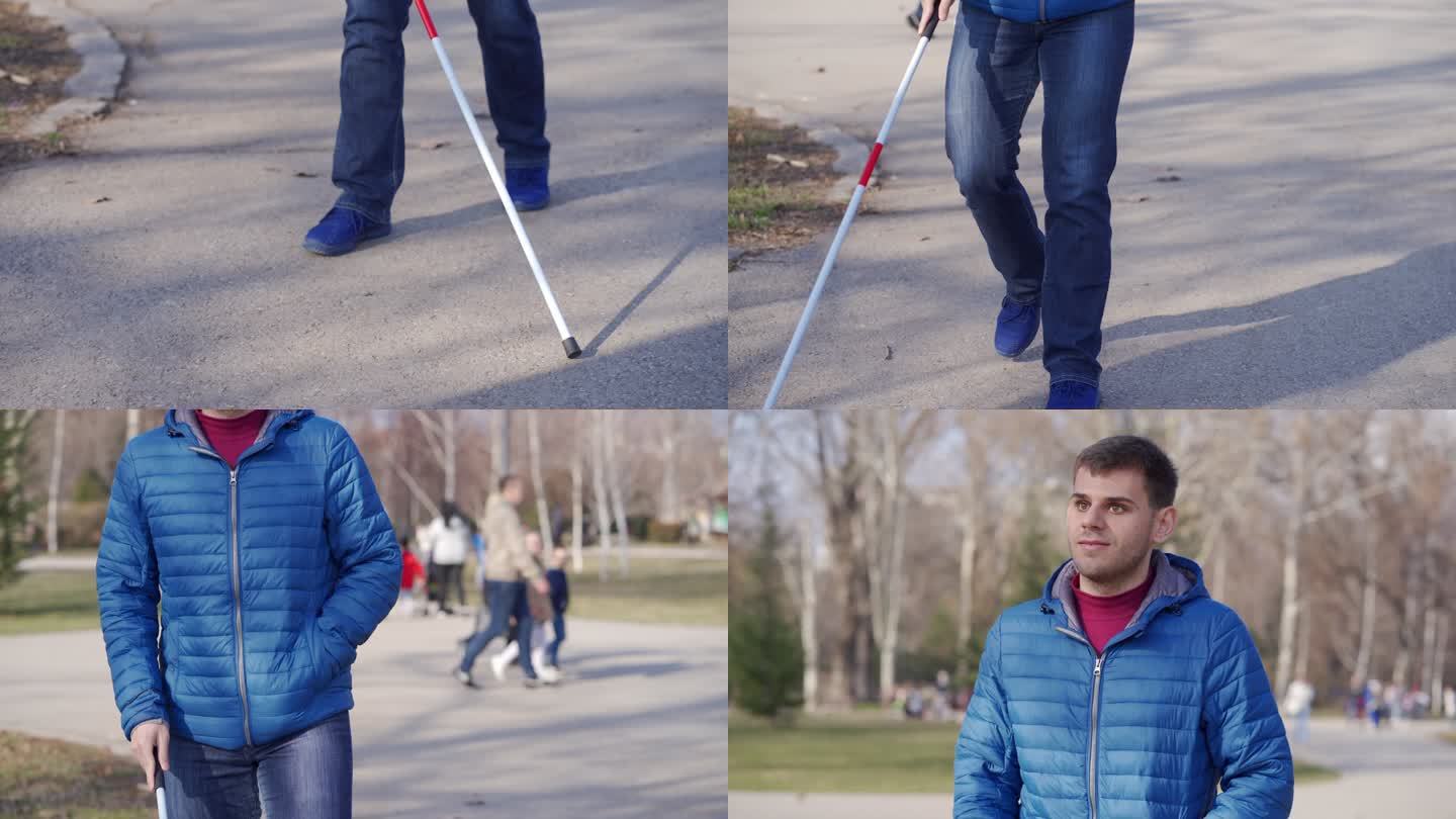 秋天在公园里散步的年轻盲人