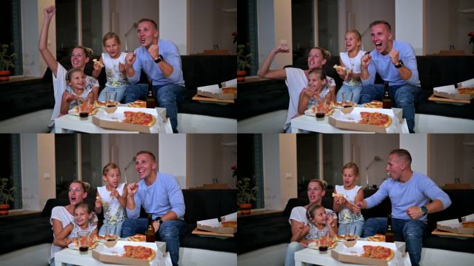 高加索家庭坐在沙发上吃披萨看电视