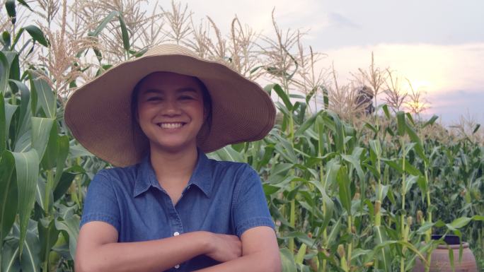 泰国日落时分，快乐而自豪的女农民在麦田里微笑