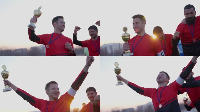 足球队队长举起奖杯，与队友一起庆祝赢得的奖杯