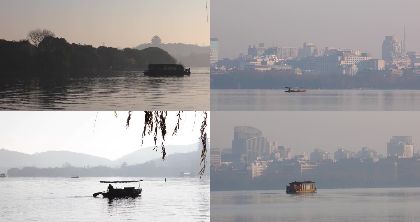 杭州西湖湖面游船手划船清晨晨曦唯美空镜