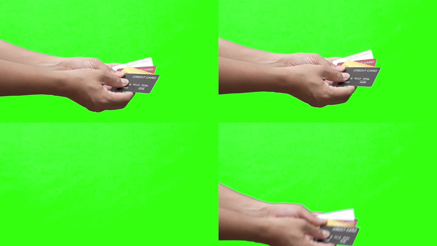 男顾客手持多张信用卡，背景色键为绿色。