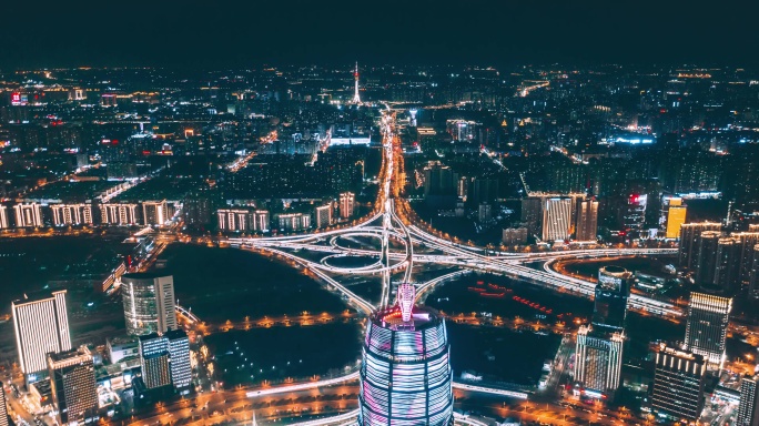 中国河南省郑州市城市夜景航拍图