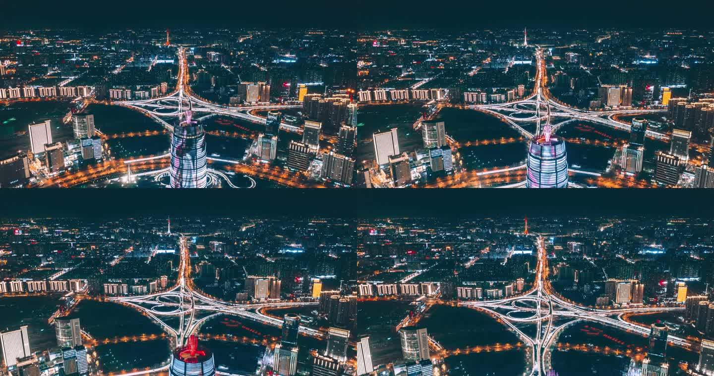 中国河南省郑州市城市夜景航拍图