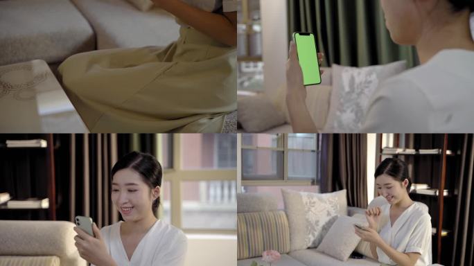 家庭主妇视频聊天 玩手机 手机绿幕