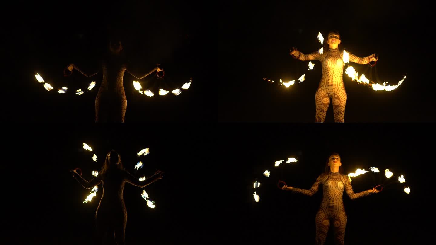 夜间女消防队员马戏团美女表演杂技火光火球