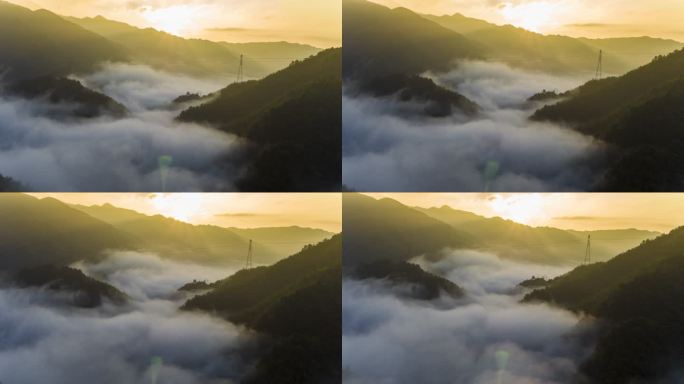 桂林龙胜龙脊梯田航拍日出清晨山间雾气云雾