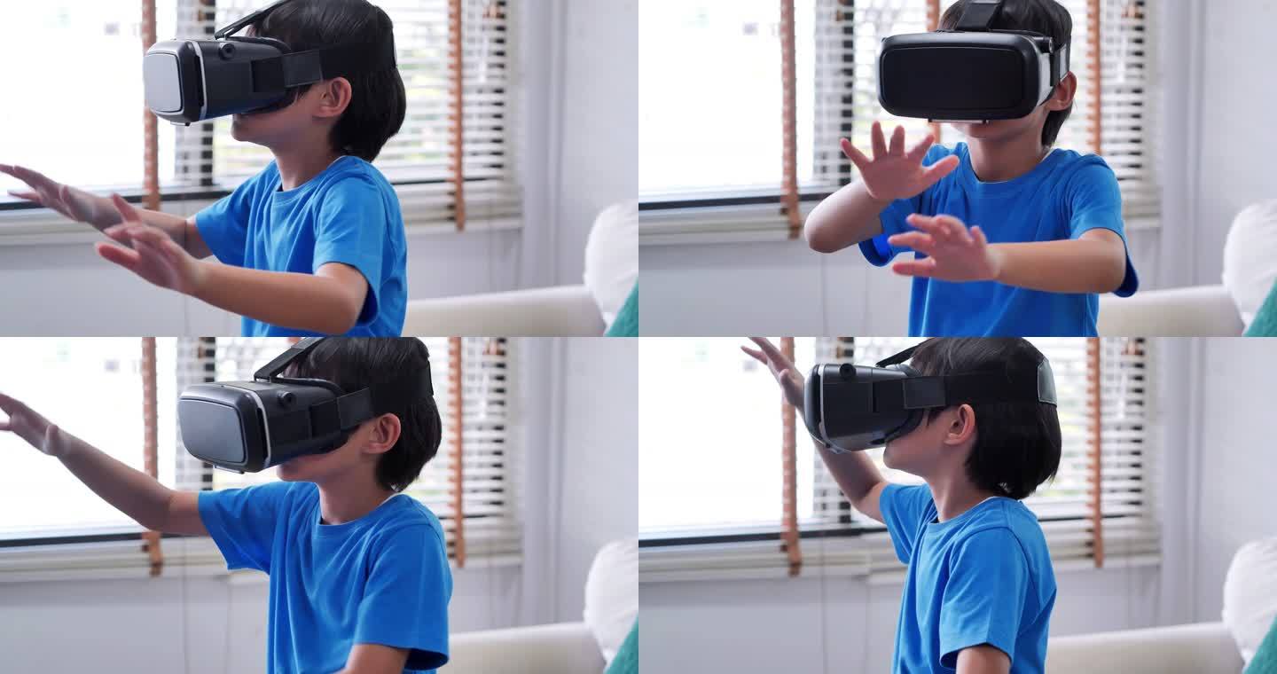 戴着虚拟现实护目镜的男孩。孩子们正在体验虚拟现实。惊讶的小男孩戴着VR眼镜。教育、儿童、技术、科学和