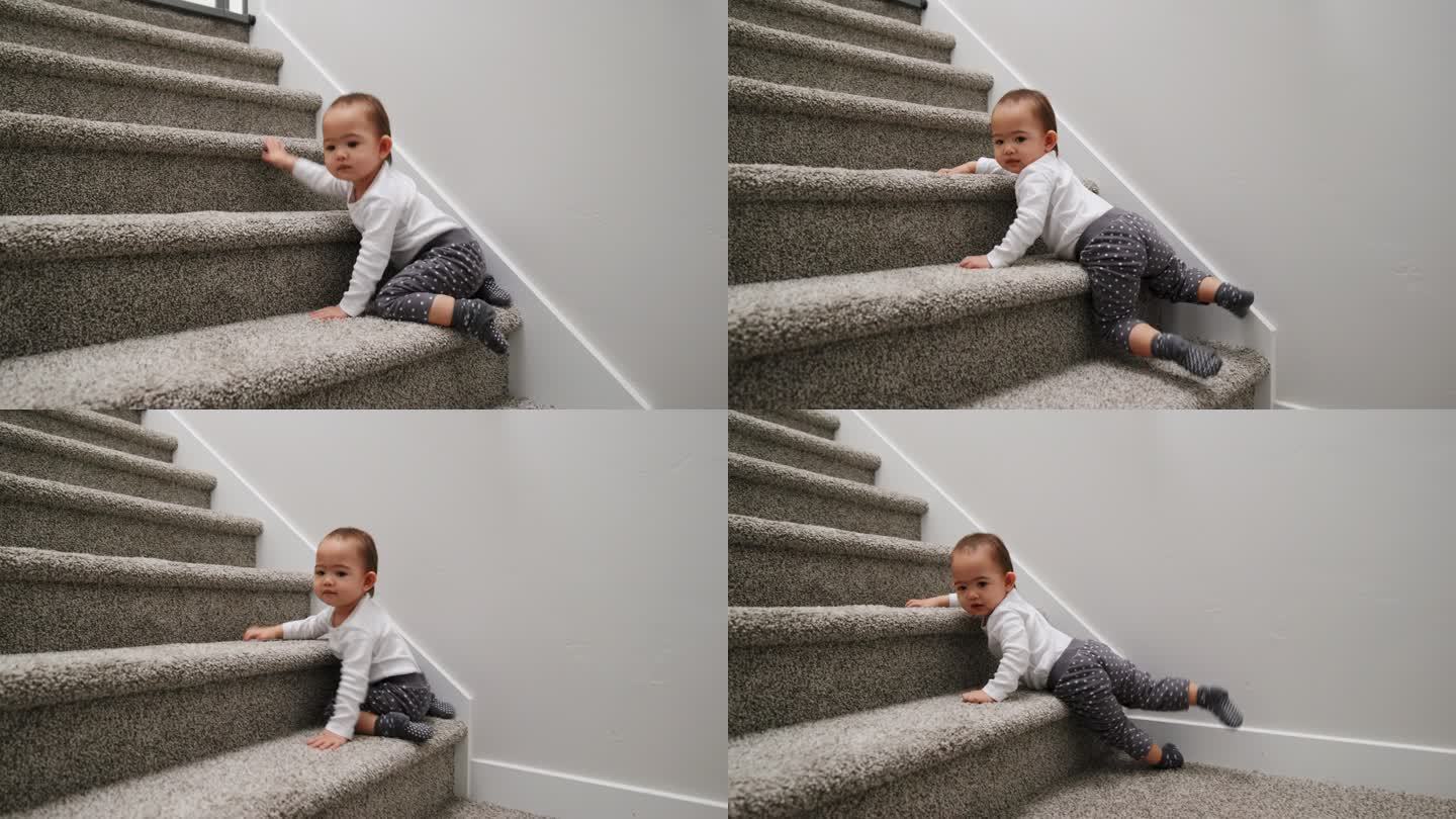 12个月大的婴儿在家里爬楼梯