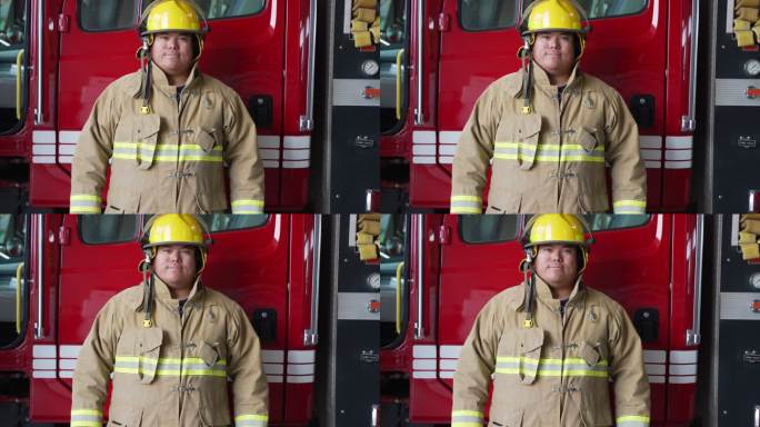 车站年轻消防员站在消防车前的视频画像