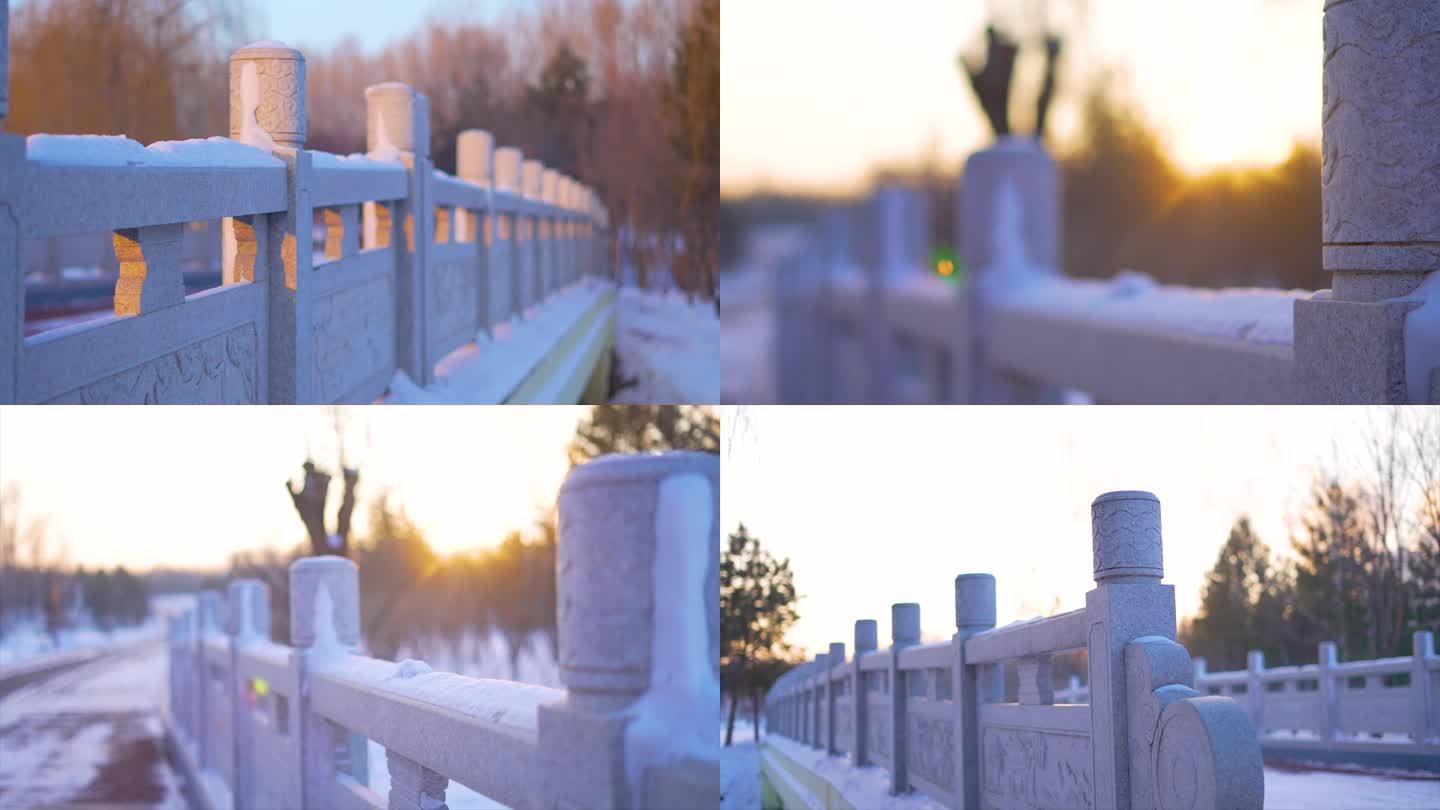 冬季汉白玉栏杆小桥中国风栏杆