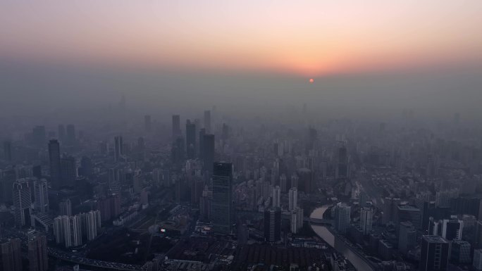 上海陆家嘴冬季雾霾阴天城市航拍