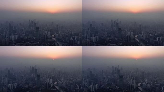 上海陆家嘴冬季雾霾阴天城市航拍