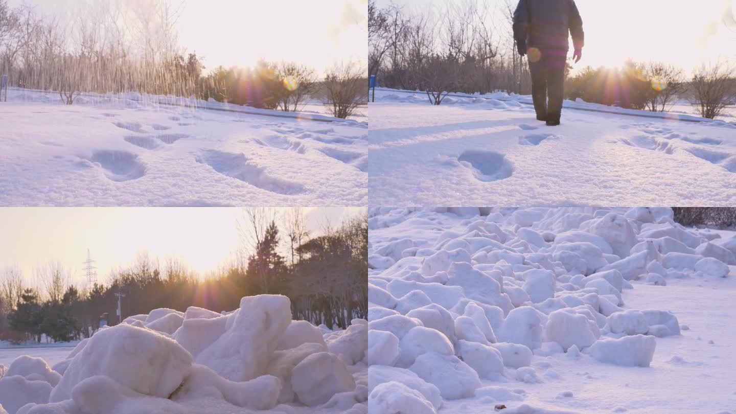 东北雪景下雪块雪堆逆光美景