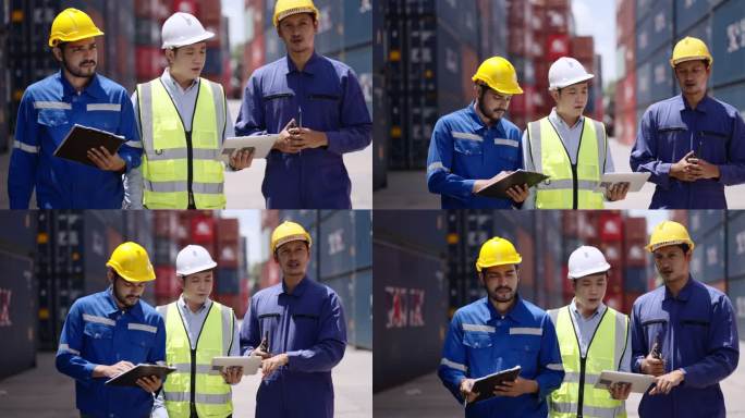 团队工程师或技术人员或工人与亚洲企业家或运输企业所有者或经理讨论集装箱维护系统，并根据运输计划控制货
