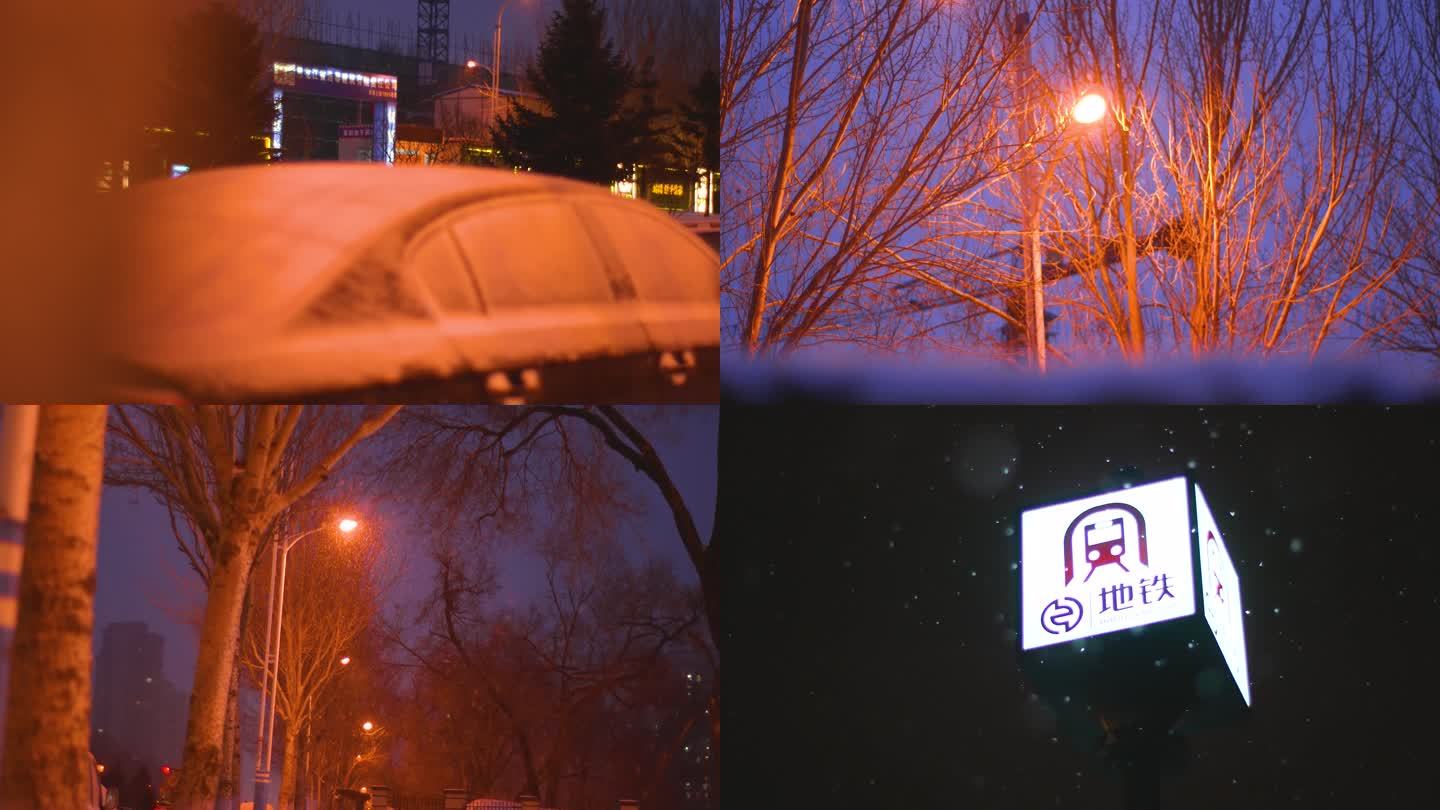 冬季城市雪景夜景下雪夜晚空境素材