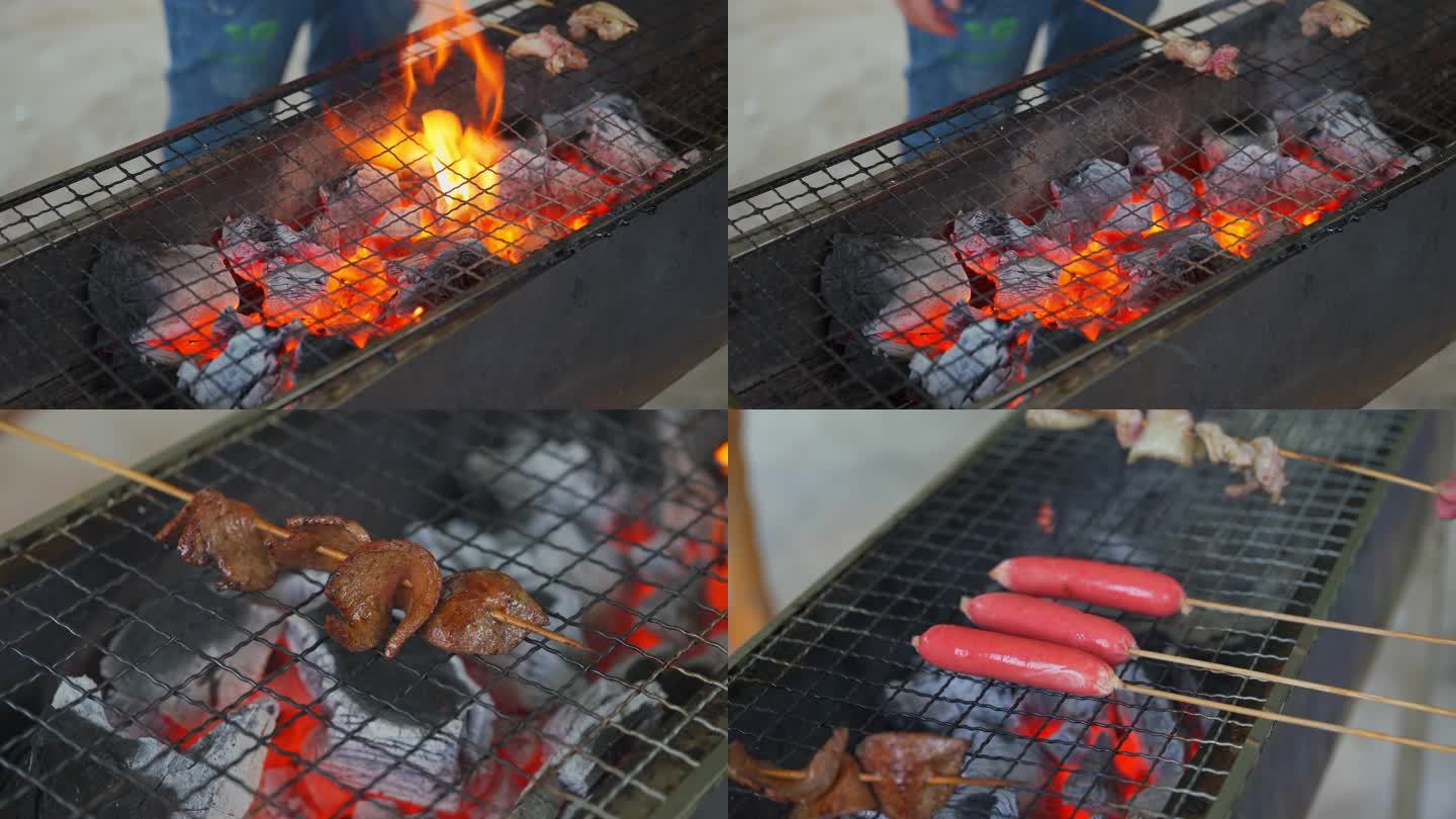 一群人围在火炭炉前烧烤，烧烤各种食材