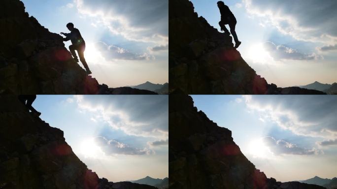 登山剪影爬山脚步户外探险人物光影攀登顶峰