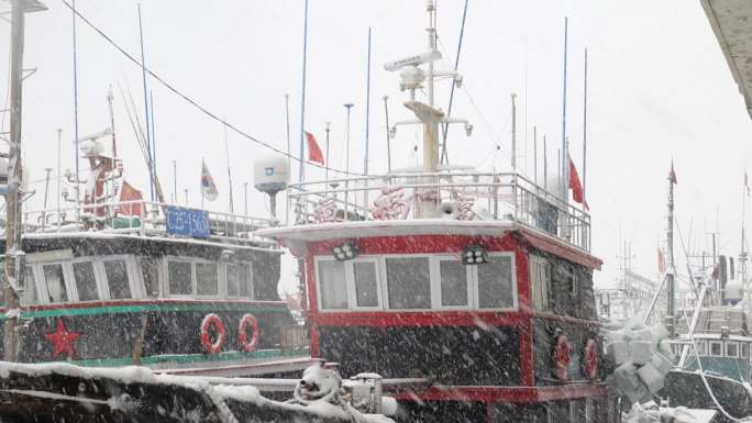 威海石岛渔港下雪绝美港口景色航拍